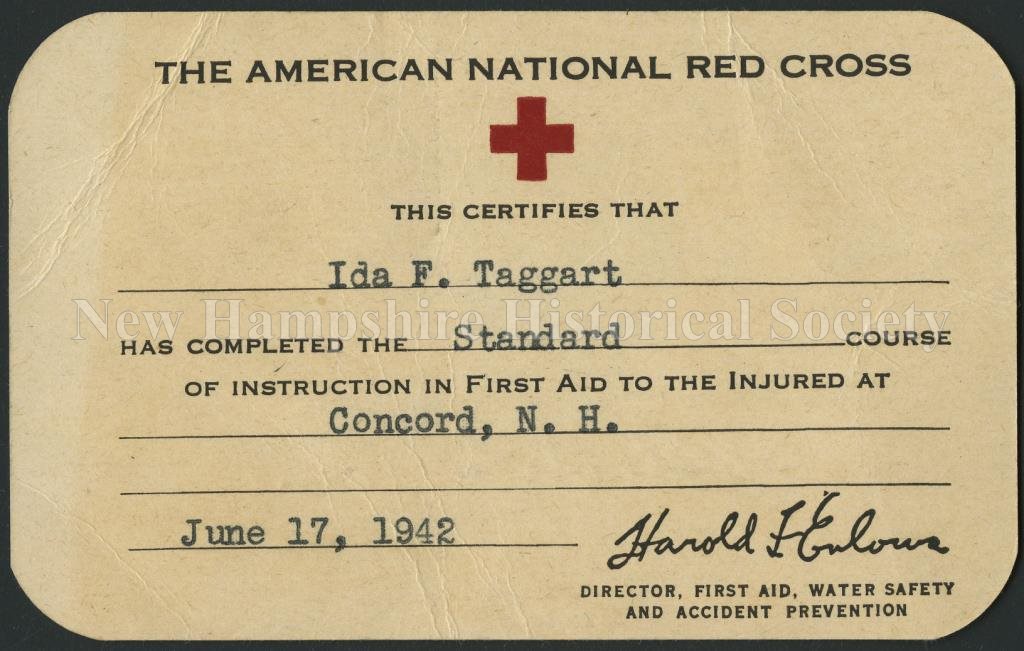 New Hampshire Historical Society The American National Red Cross Certificate Card 1942 June 17 The American National Red Cross Certificate Card 1942 June 17