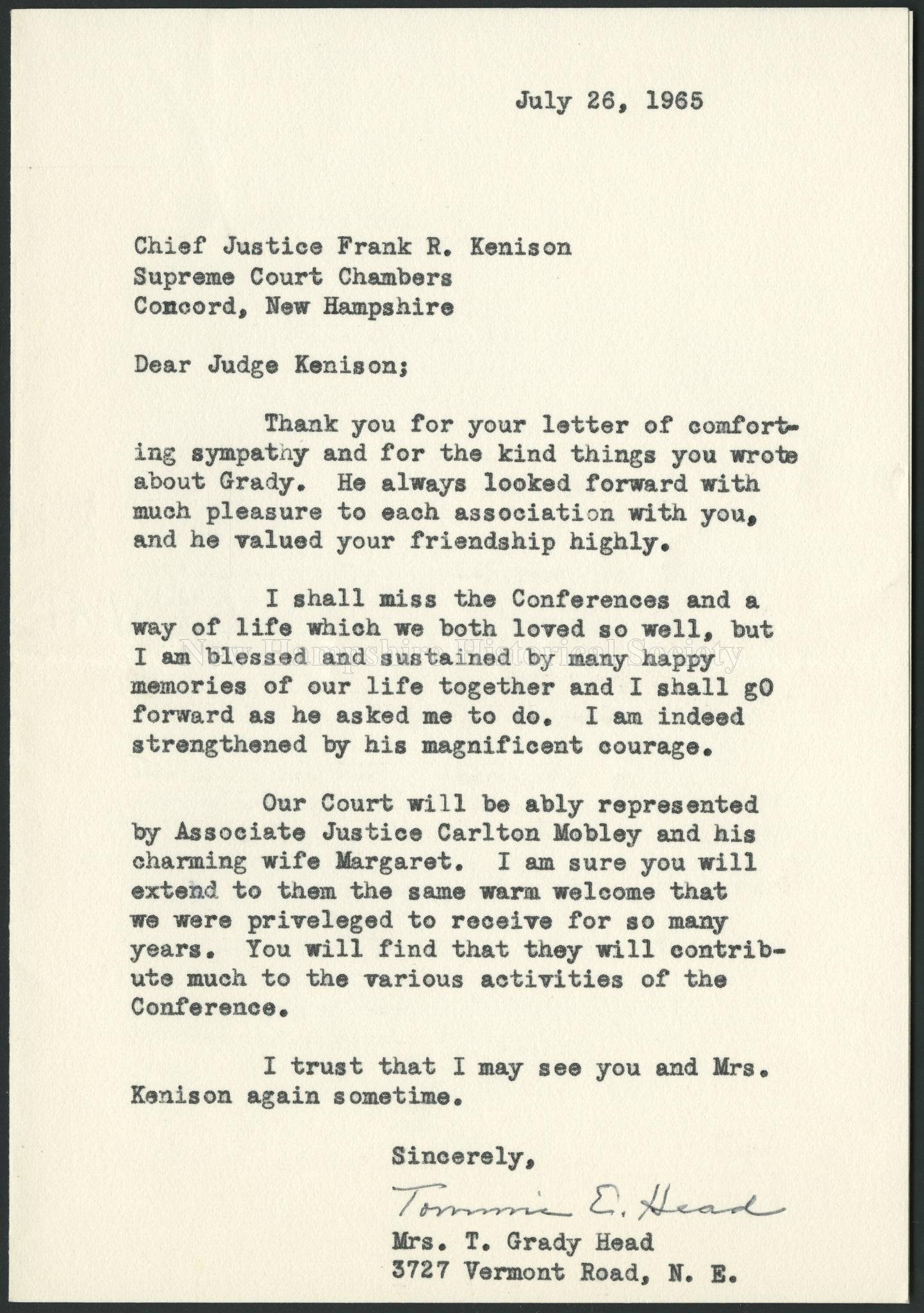 New Hampshire Historical Society - Letter from Mrs. T. Grady Head