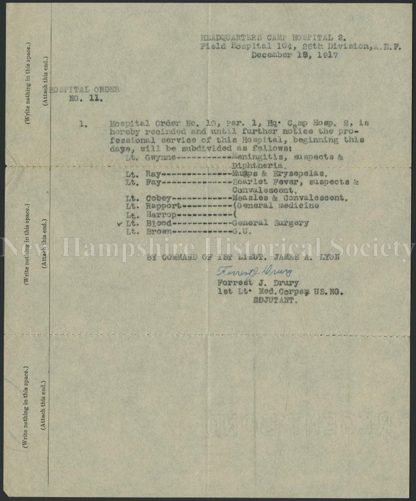New Hampshire Historical Society Headquarters Camp Hospital Order No 11 1917 December 18 Headquarters Camp Hospital Order No 11 1917 December 18