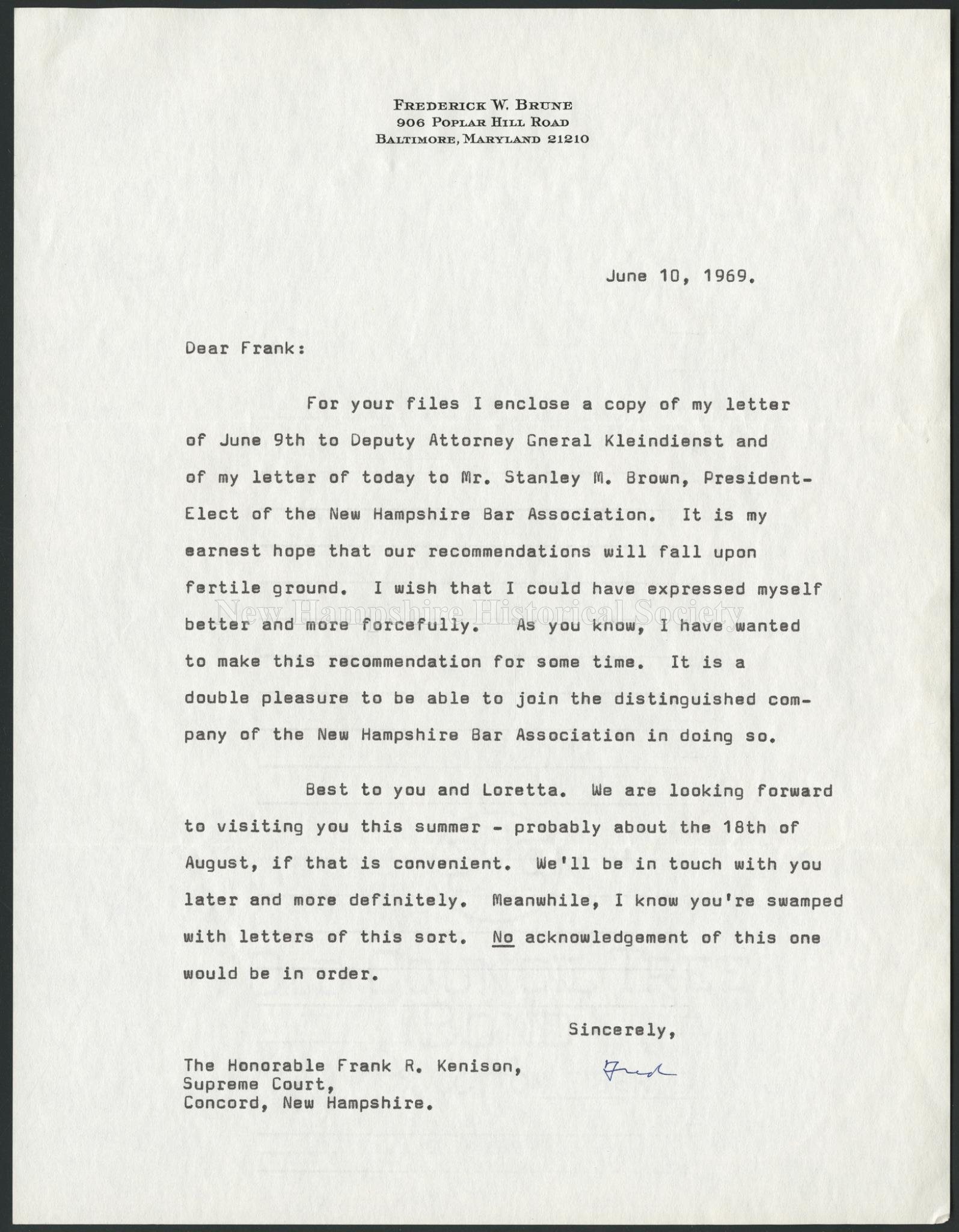 New Hampshire Historical Society Letter From Frederick W Brune To Frank R Kenison 1969 June 10 Letter From Frederick W Brune To Frank R Kenison 1969 June 10