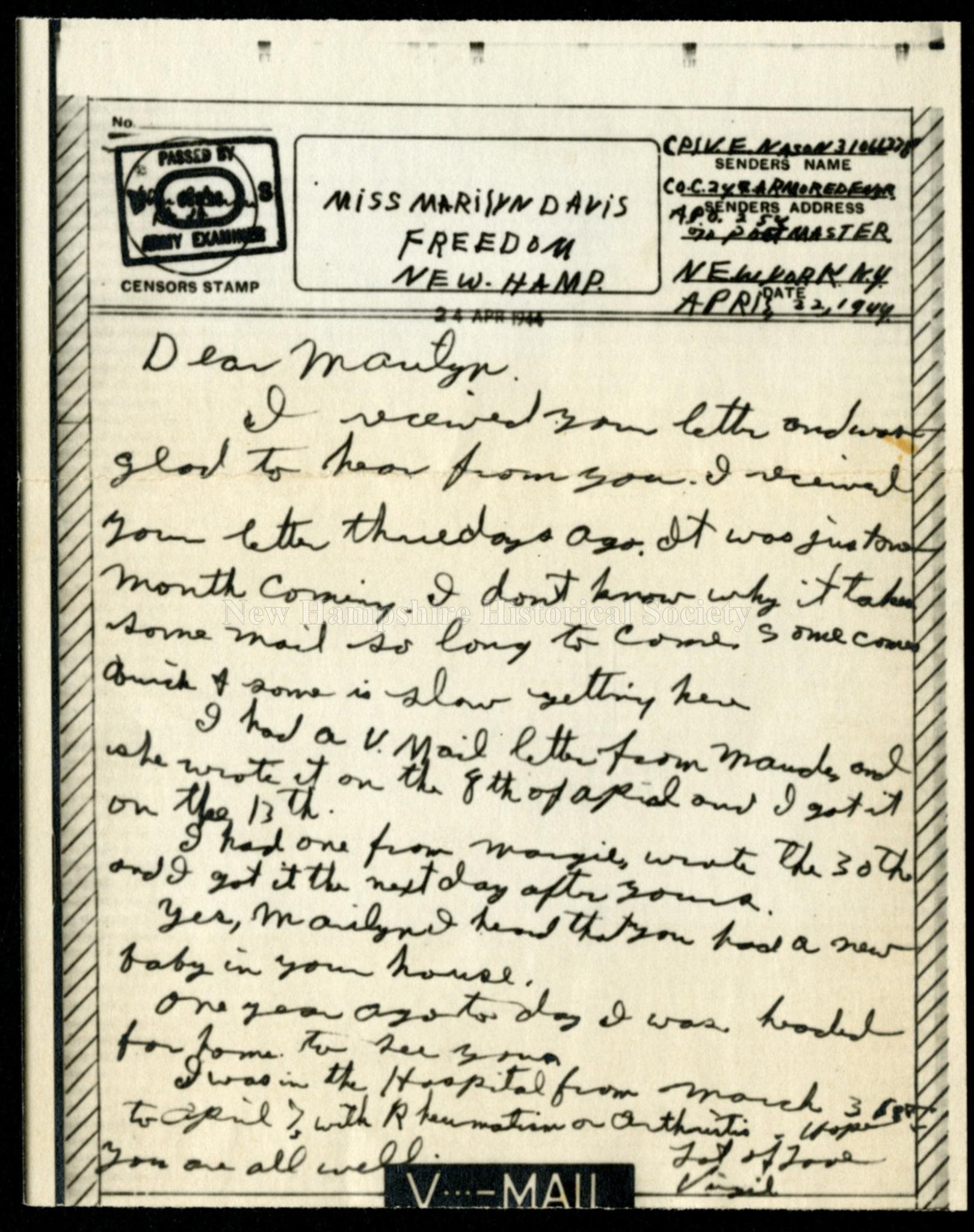 إقراض المال شعار براءة الإختراع  New Hampshire Historical Society - Letter from Virgil E. Nason to Marilyn  Davis, 1944 April 22 - Letter from Virgil E. Nason to Marilyn Davis, 1944  April 22