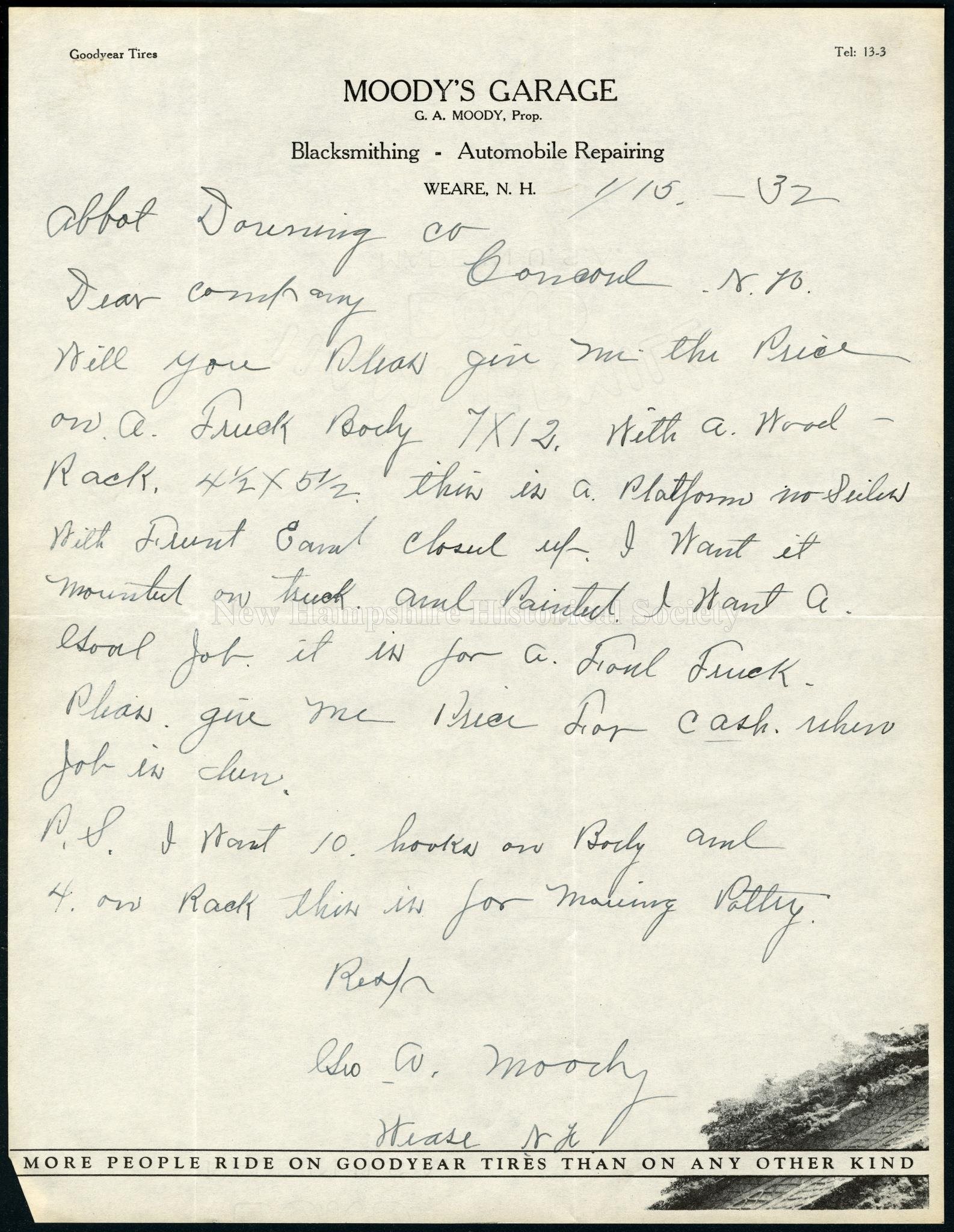 New Hampshire Historical Society Letter From G A Moody To The Abbot Downing Company 1932 January 15 Letter From G A Moody To The Abbot Downing Company 1932 January 15