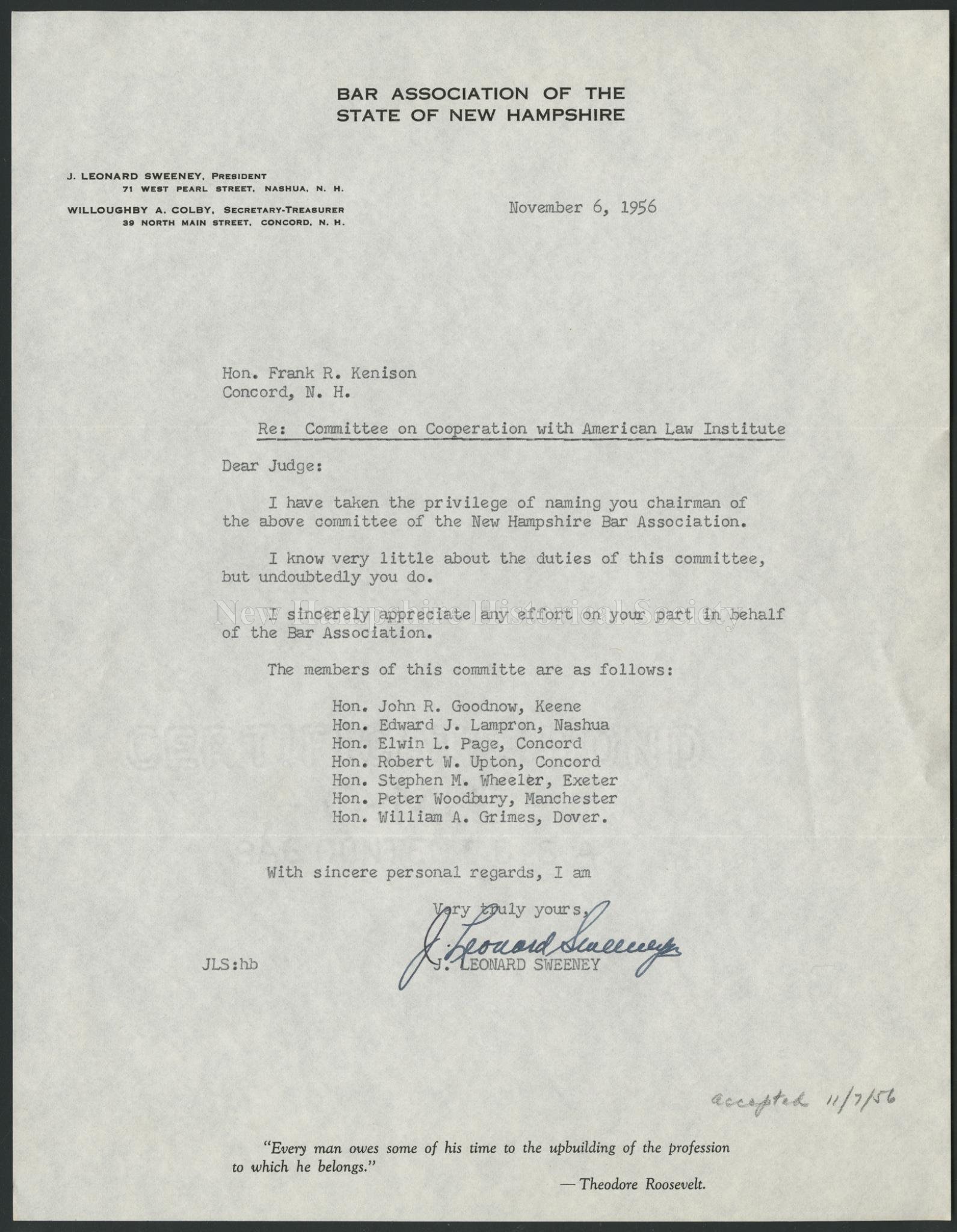New Hampshire Historical Society Letter From J Leonard Sweeney To Frank R Kenison 1956 November 6 Letter From J Leonard Sweeney To Frank R Kenison 1956 November 6