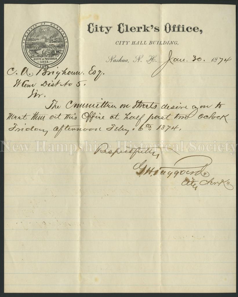 New Hampshire Historical Society - Letter from the Nashua City Clerk to C.  A. Brigham, 1874 January 30 - Letter from the Nashua City Clerk to C. A.  Brigham, 1874 January 30, image size:821x1024