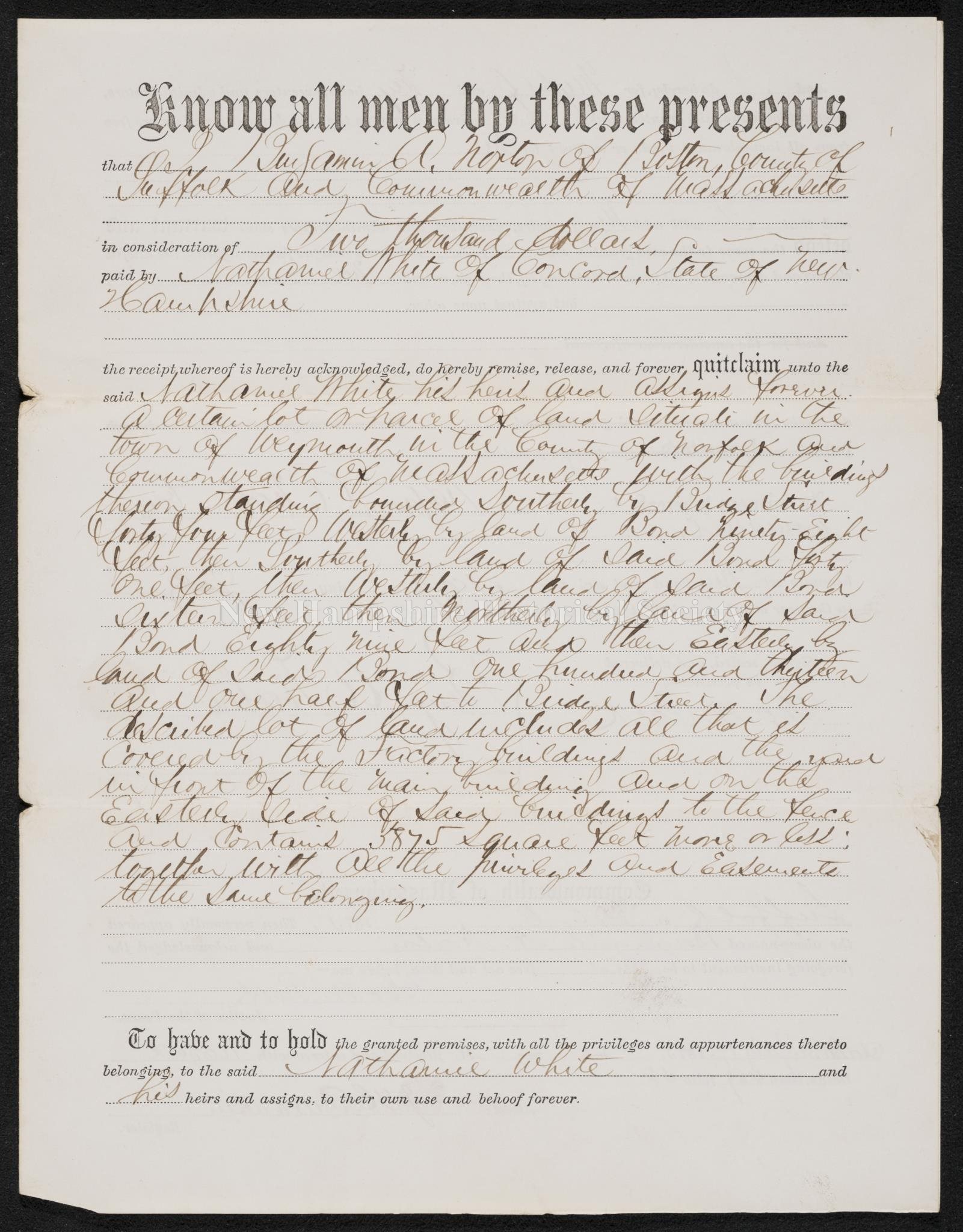 New Hampshire Historical Society Quitclaim Deed 1875 July 2 Quitclaim Deed 1875 July 2